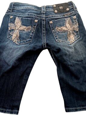 Size 26 Miss Me Womens Bermuda Denim Shorts With Rhinestone Embellished Pockets